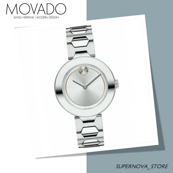 Movado Bold Silver Stainless Steel Watch Rose Gold Dial Quartz 3600381 Gift Box - Picture 2 of 16